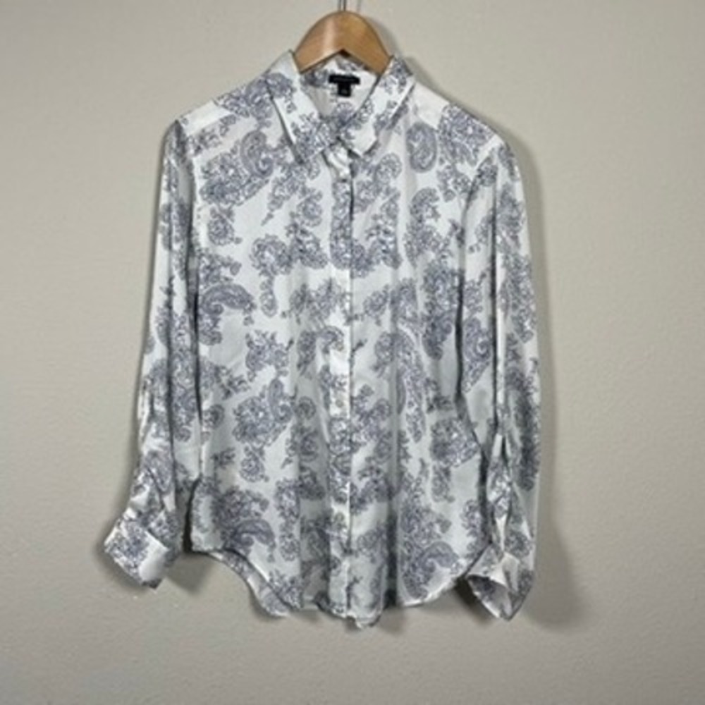Ann Taylor Blouse Womens L White Navy Blue‎ Office Classic Paisley Button Up Top
